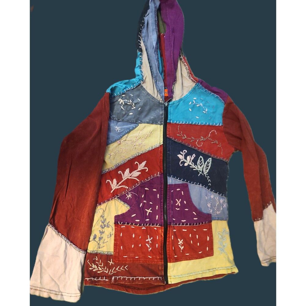 Hippie Boho Zip‎ Up Embroidered Patchwork Hooded Nepal Jacket Size Medium